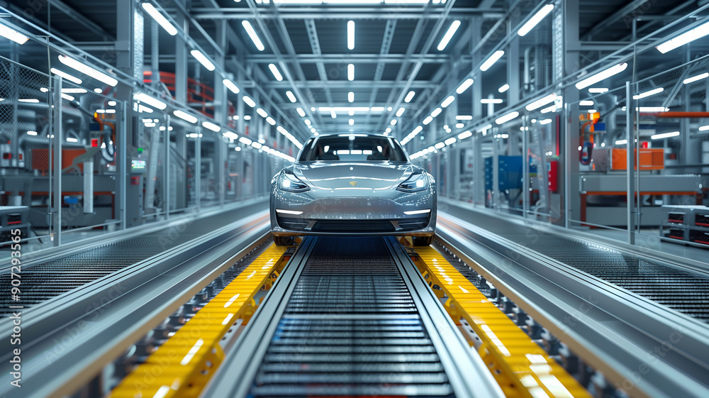 Automated conveyor line mass producing modern cars in industrial factory