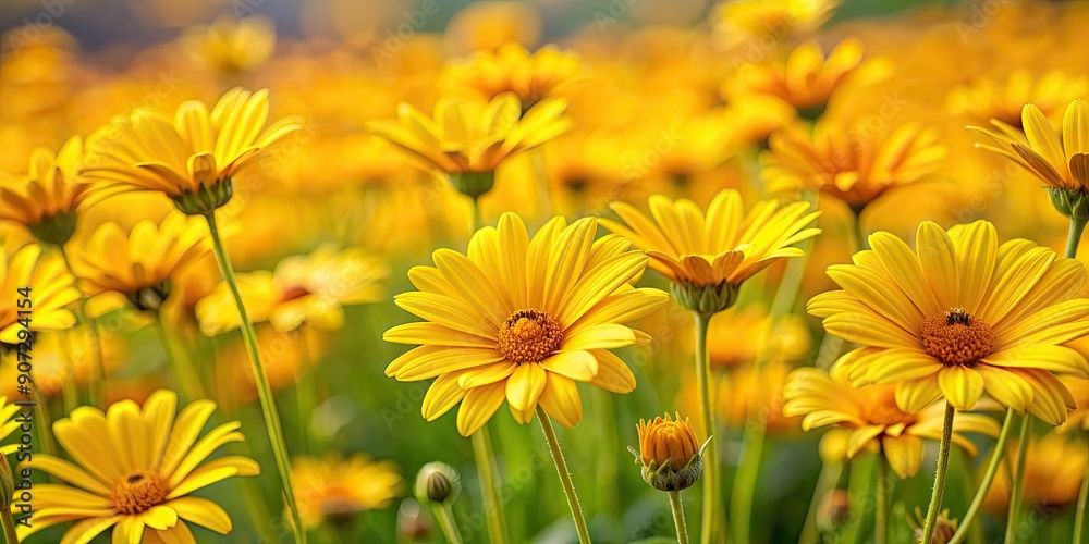 Vibrant yellow daisies blooming in a field , nature, flowers, petals, garden, floral, bright, sunlight, beautiful, vibrant, daisy