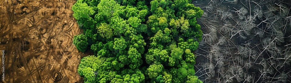 A forest with a mix of green and brown trees A forest with a mix of green and brown trees