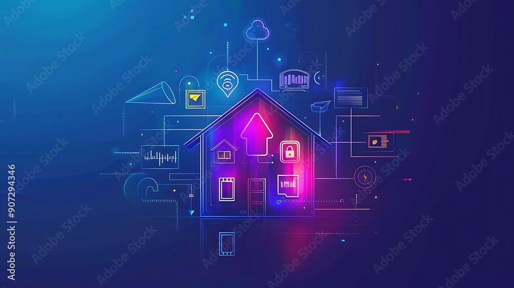 Illustration of a Smart Home with various icons representing connected devices and features. Illustration of a Smart Home with various icons representing connected devices and features.