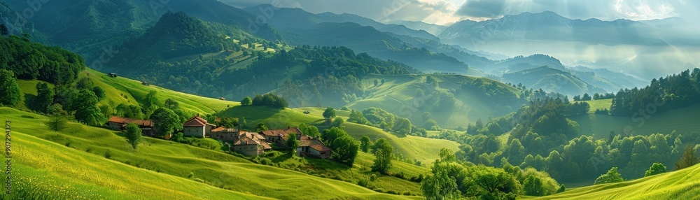 Fototapeta premium A beautiful green hillside with a small village in the distance