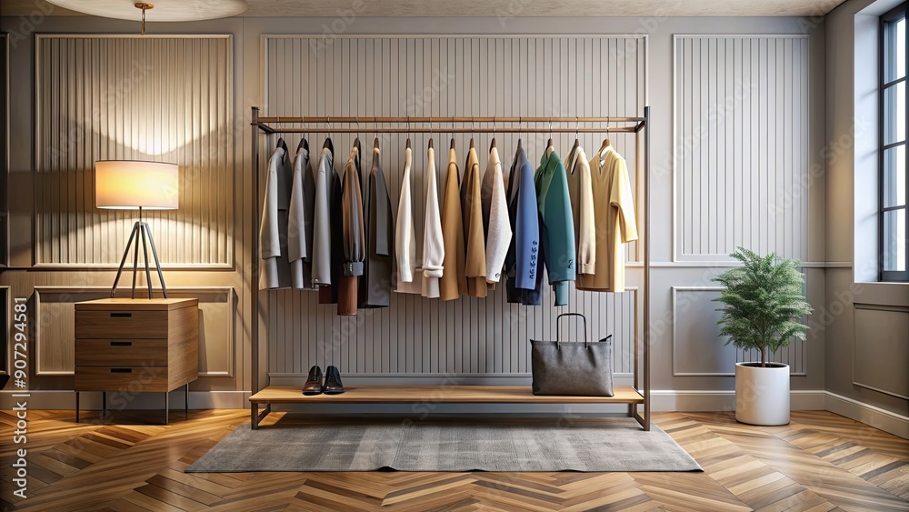 Rack with stylish clothes in a modern interior room , fashion, clothing, rack, hangers, organized, modern, stylish, trendy Rack with stylish clothes in a modern interior room , fashion, clothing, rack, hangers, organized, modern, stylish, trendy