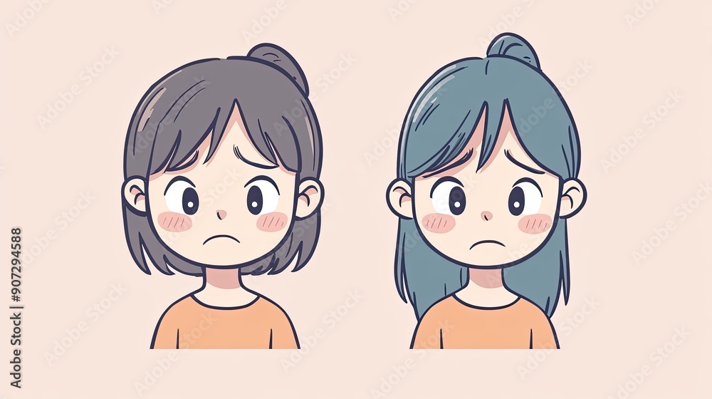 A single color background featuring a cartoon girl with both a happy and a sad expression. The clear and simple design highlights the girl's emotions effectively. A single color background featuring a cartoon girl with both a happy and a sad expression. The clear and simple design highlights the girl's emotions effectively.
