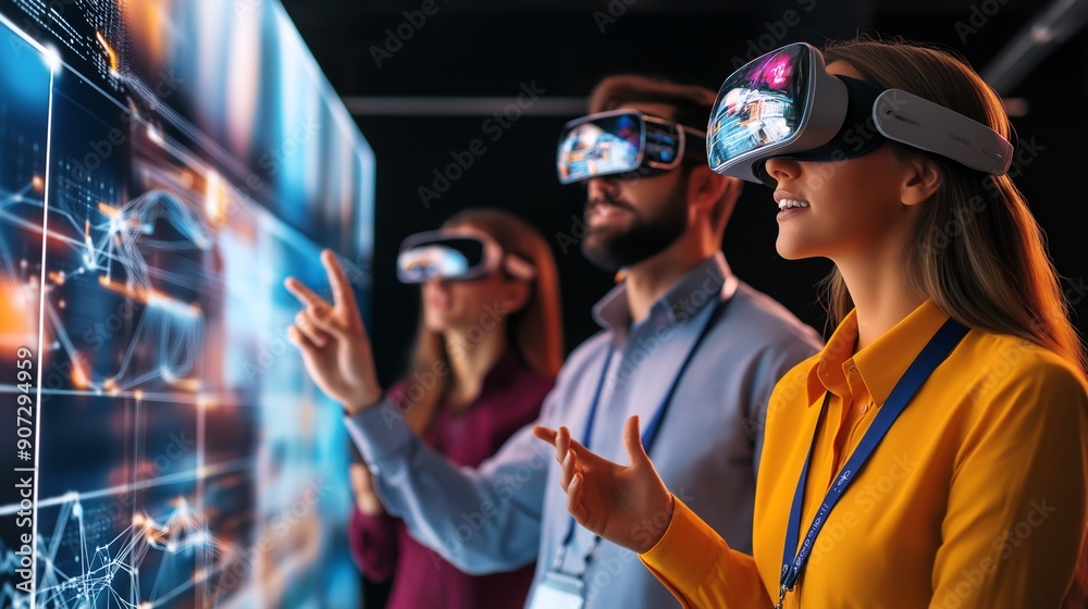 A team explores a vibrant virtual reality landscape, interacting with data visualizations through VR headsets, showcasing the future of tech innovation. Generative ai illustration. A team explores a vibrant virtual reality landscape, interacting with data visualizations through VR headsets, showcasing the future of tech innovation. Generative ai illustration.