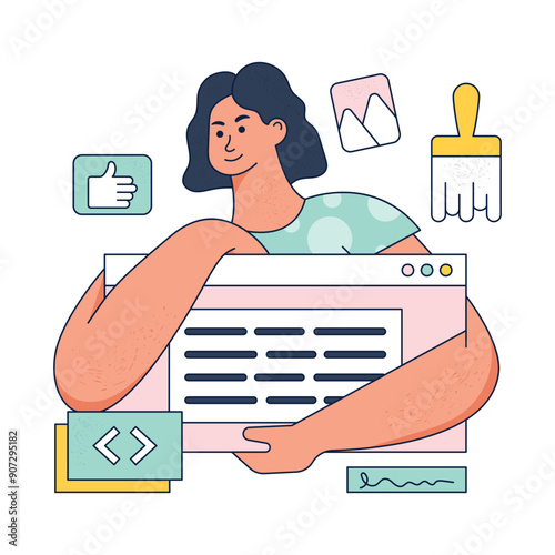 Coding concept illustration Abstract illustration of person creating a social media post Digital content manager organizing online interfaces