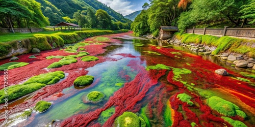 Colorful red and green algae covering stream in Nantou, Taiwan, red, green, algae, stream, colorful, vibrant, Nantou photo