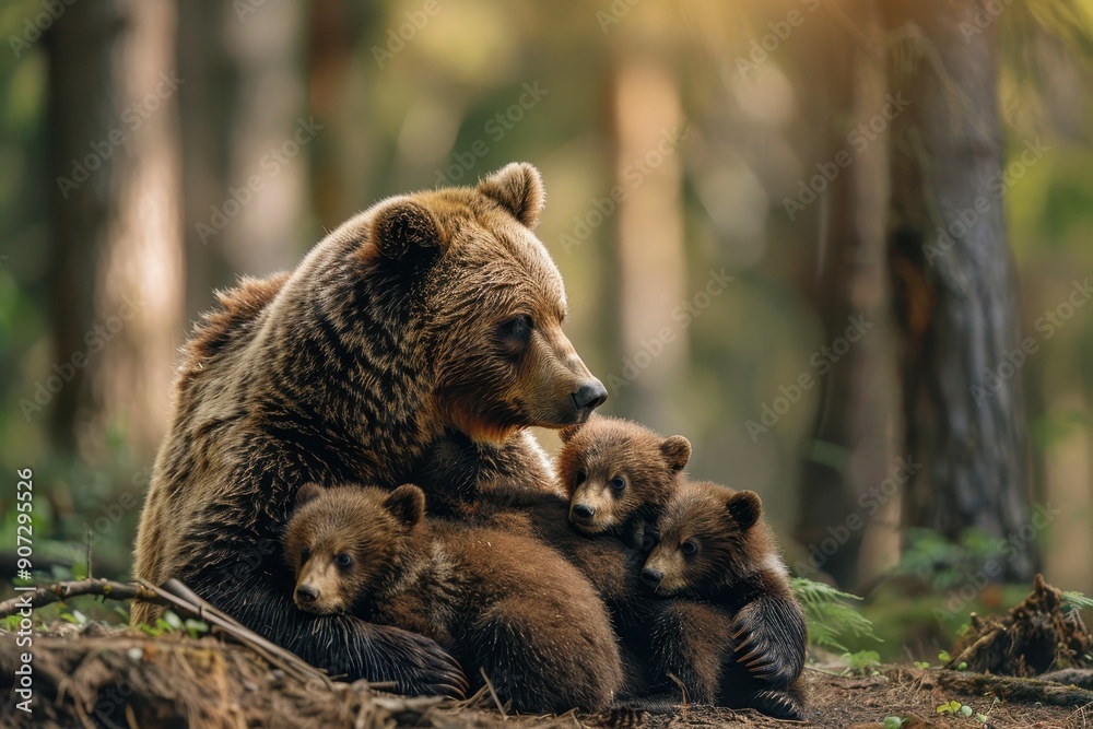 Fototapeta premium A mother bear is sitting with her cubs in the woods