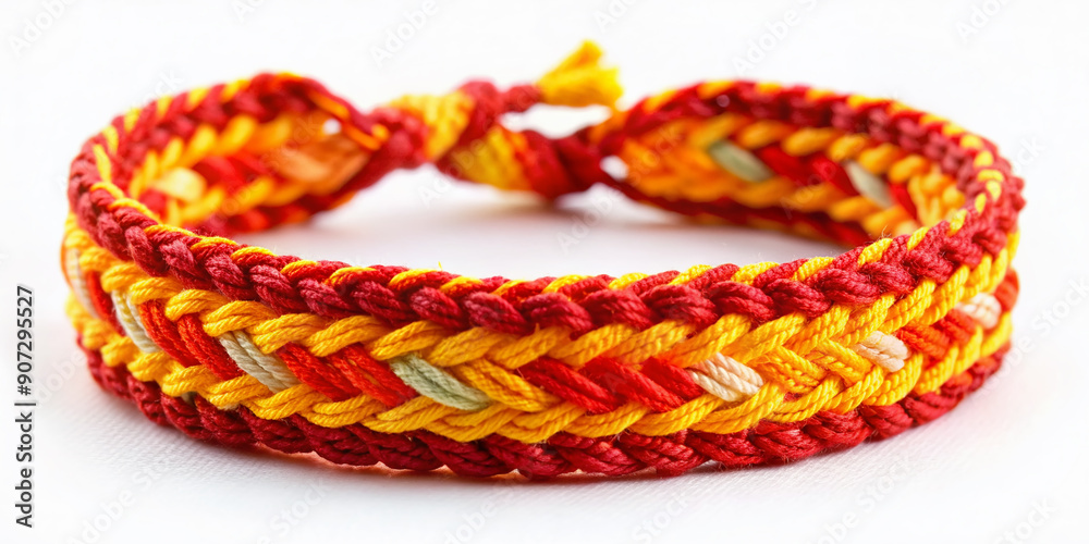 Vibrant handmade friendship bracelet featuring intertwined red, orange, and yellow threads in a bohemian-inspired design, symbolizing unity, love, and free-spirited connection. Vibrant handmade friendship bracelet featuring intertwined red, orange, and yellow threads in a bohemian-inspired design, symbolizing unity, love, and free-spirited connection.