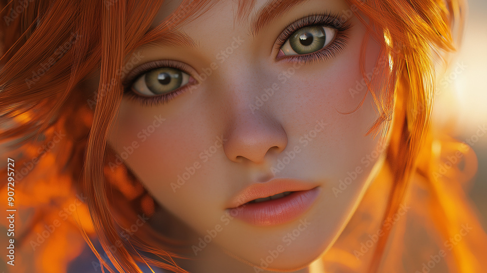 A highly detailed digital portrait showcases a girl with striking red hair and vibrant, expressive eyes, highlighting her calm and mysterious essence against a soft background. A highly detailed digital portrait showcases a girl with striking red hair and vibrant, expressive eyes, highlighting her calm and mysterious essence against a soft background.