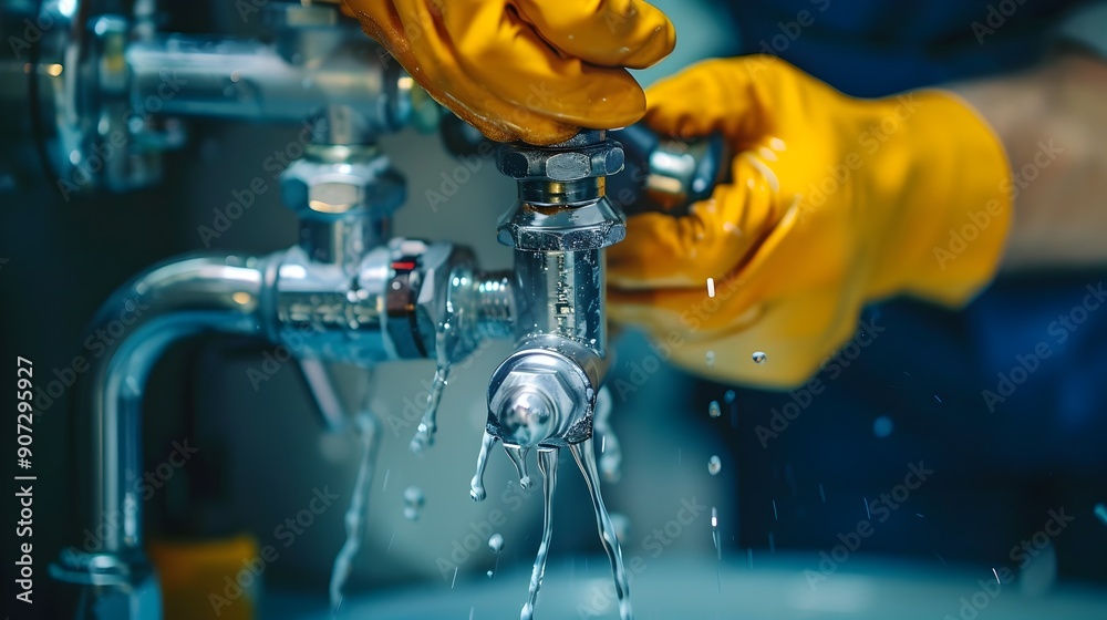 Plumber Skillfully Fixing a Leaking Pipe with Professional Tools at a Household Plumbing Plumber Skillfully Fixing a Leaking Pipe with Professional Tools at a Household Plumbing