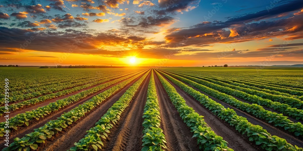 Rows of crops stretching into the distance under a warm evening sunset , agriculture, farming, fields, countryside, sunset Rows of crops stretching into the distance under a warm evening sunset , agriculture, farming, fields, countryside, sunset