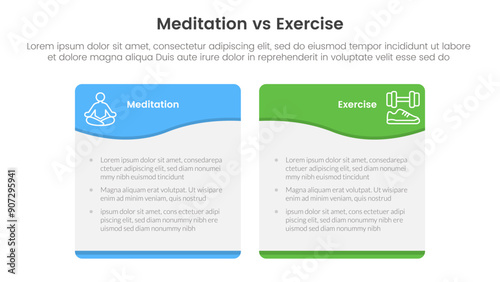 meditation vs physical exercise comparison or versus concept for infographic template banner with wave swirl curve table box with two point list information