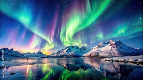 A stunning display of the aurora borealis dancing over snow-capped mountains, Northern lights, Aurora, Borealis, Landscape, Mountains