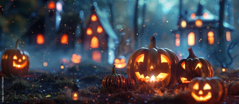 Spooky Halloween Scene with Jack-O'-Lanterns in a Forest Spooky Halloween Scene with Jack-O'-Lanterns in a Forest