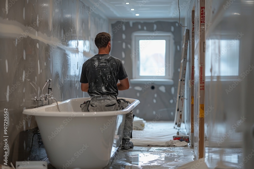 A man is sitting in a bathtub in a bathroom A man is sitting in a bathtub in a bathroom