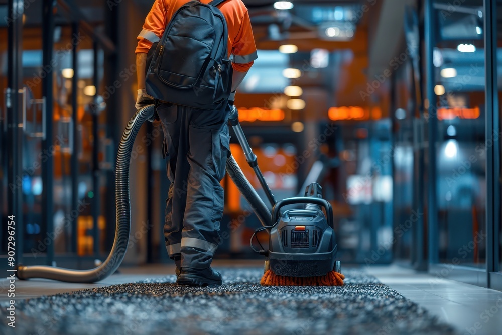 A man in an orange shirt and black backpack is vacuuming a floor A man in an orange shirt and black backpack is vacuuming a floor