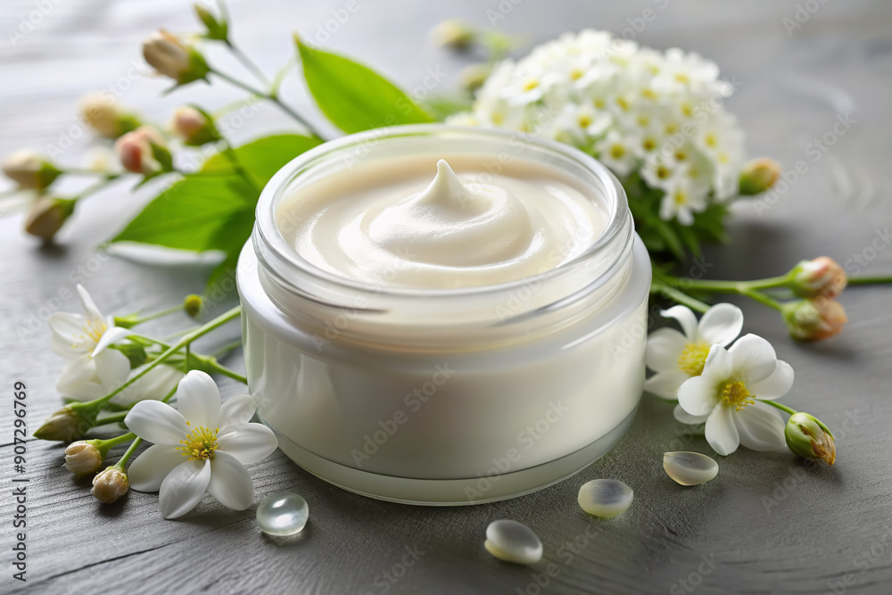A luxurious open jar of white creamy face mask lies beside a generous dollop of the rich purifying and moisturizing treatment on a clean surface. A luxurious open jar of white creamy face mask lies beside a generous dollop of the rich purifying and moisturizing treatment on a clean surface.