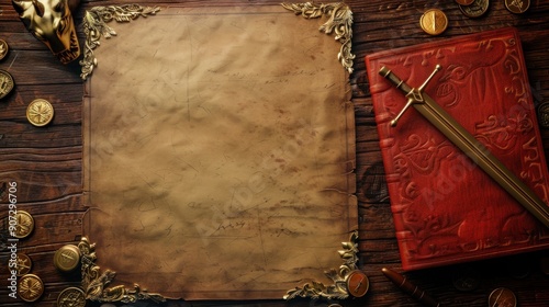 Ancient Treasure Map with Sword and Coins