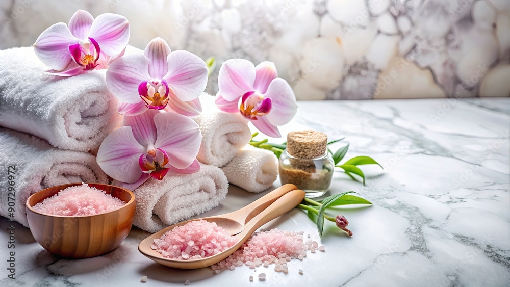 Tranquil spa setting with orchid flowers, Himalayan salt