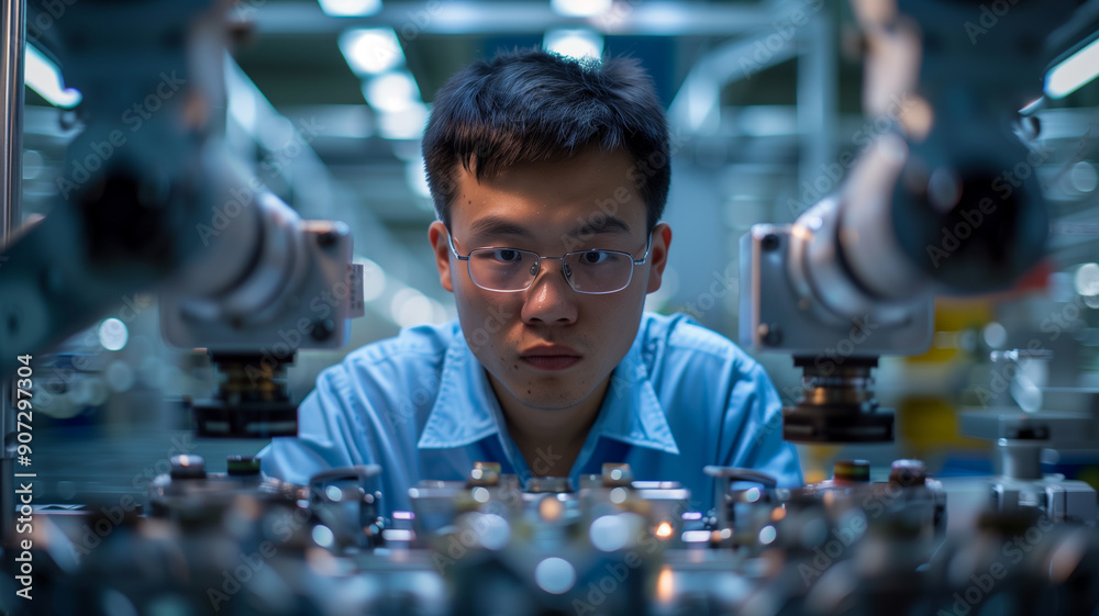 Asian technician working on auto parts assembly line with robot arm in background Asian technician working on auto parts assembly line with robot arm in background