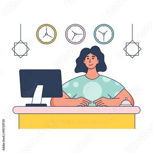 A woman sits at a desk with a computer and a clock showing the time as 4 30