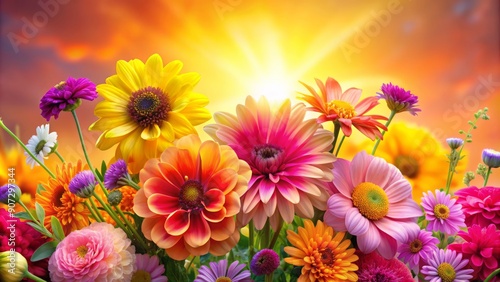 Vibrant blooms of pink, yellow, orange, and purple flowers arranged artfully against a radiant, gradient background of warm sunny hues, exuding joy and energy. © DigitalArt Max