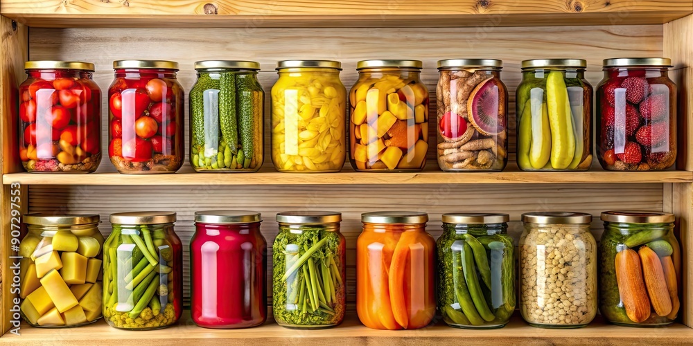 Wooden shelf in pantry with glass jars filled with pickled vegetables, pantry, wooden shelf Wooden shelf in pantry with glass jars filled with pickled vegetables, pantry, wooden shelf