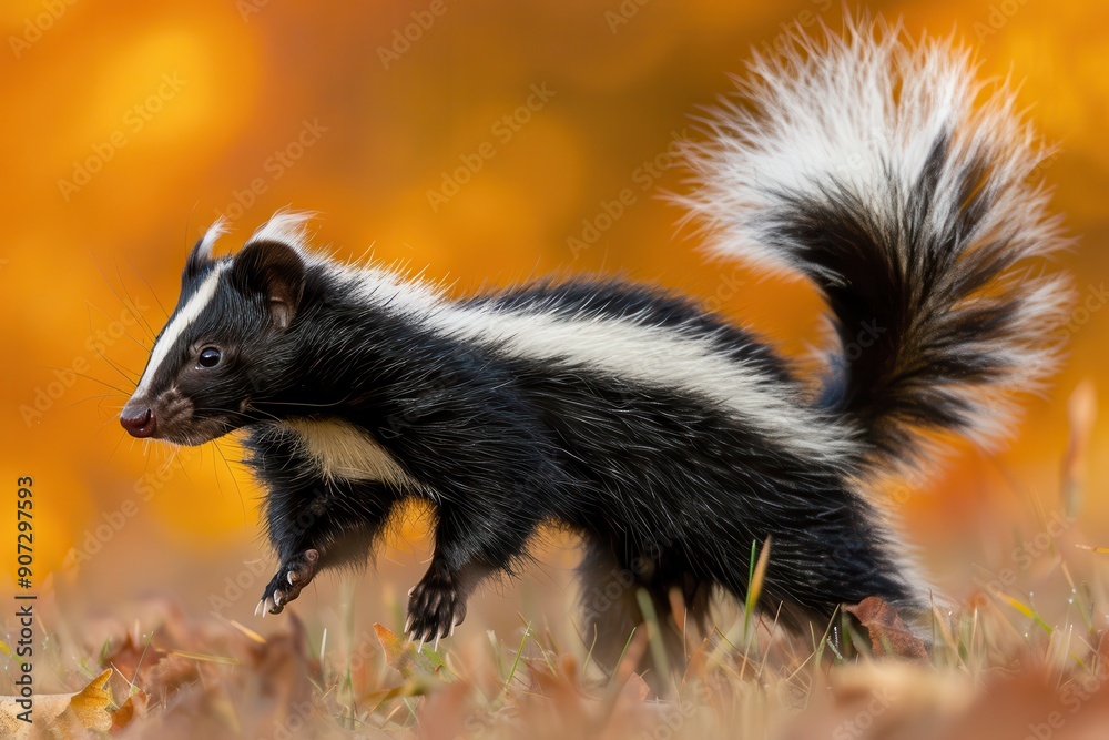 A black and white striped skunk is running through the grass A black and white striped skunk is running through the grass