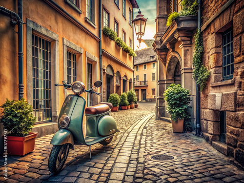 Vintage scooter parked on cobblestone streets surrounded by ancient architecture, scenic European cityscape with historic buildings, charming cafes, and old lamp posts.