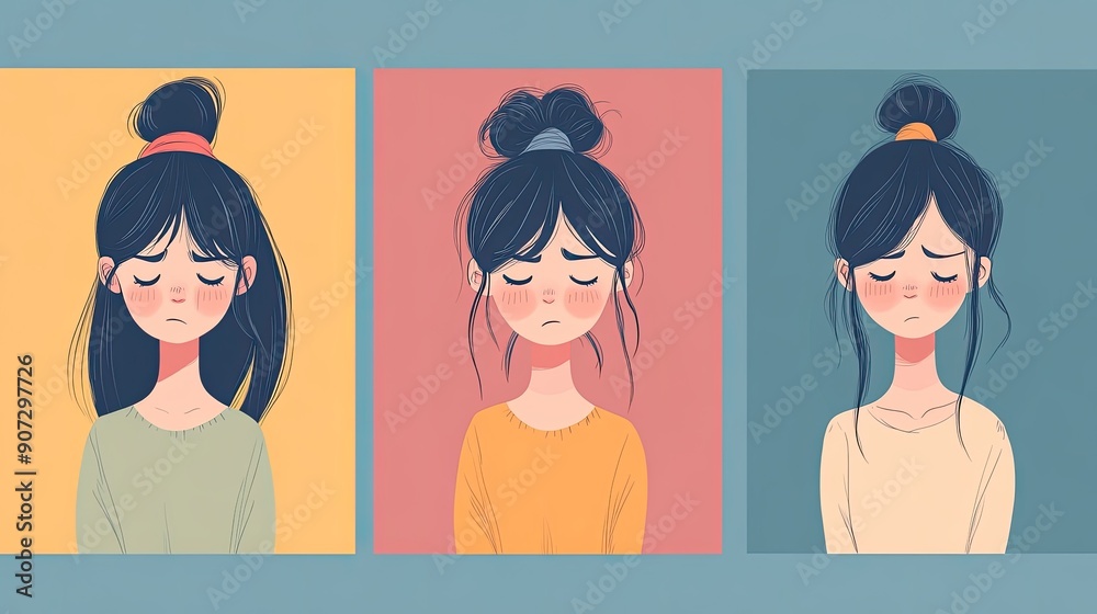 Cartoon girl showing happy and sad emotions in a minimalist style with a solid color background. Ideal for easily conveying a spectrum of feelings. Cartoon girl showing happy and sad emotions in a minimalist style with a solid color background. Ideal for easily conveying a spectrum of feelings.