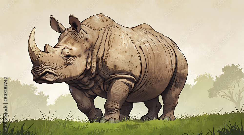 Fototapeta premium a Javan rhino standing in a grassy field, highlighting its distinct features and rugged texture against a plain background with ample copy space.