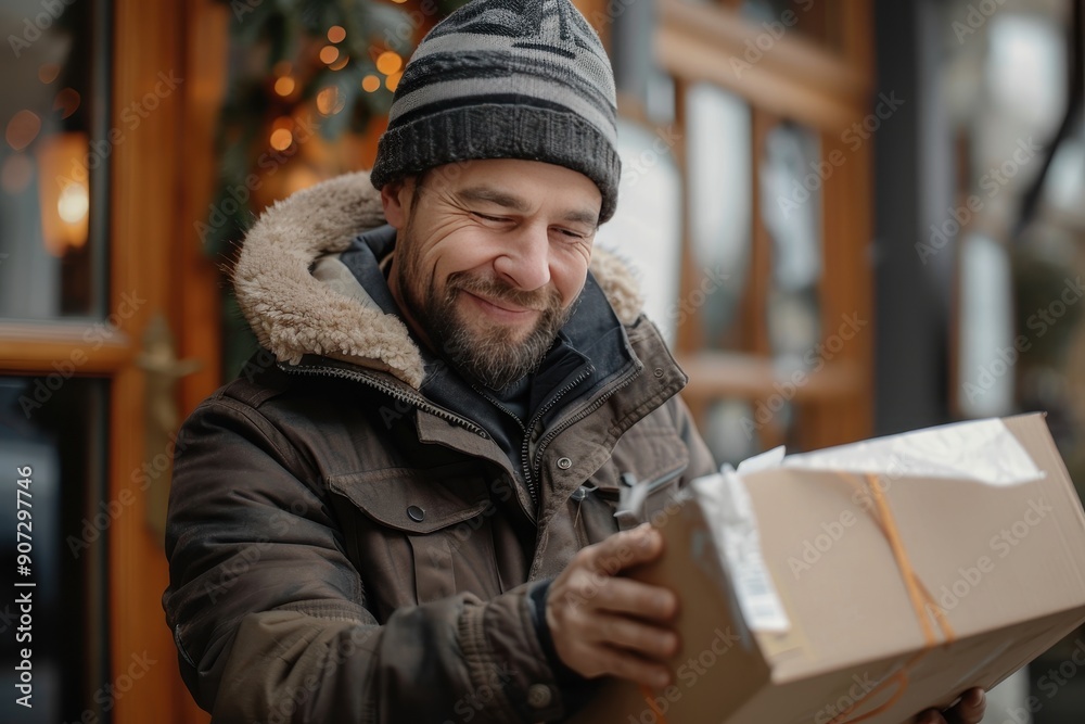 Fototapeta premium A man wearing a hat and a brown coat is smiling as he holds a brown box