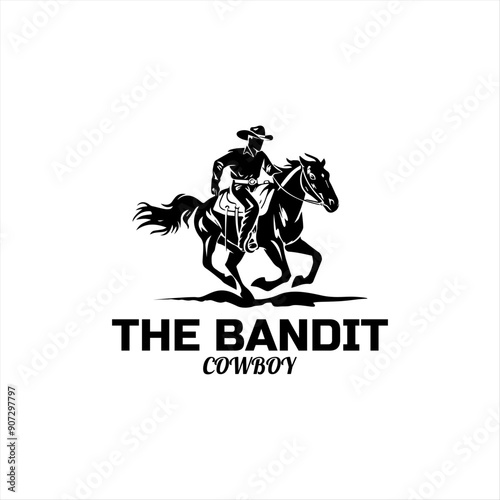 A cowboy riding a horse in silhouette vector logo