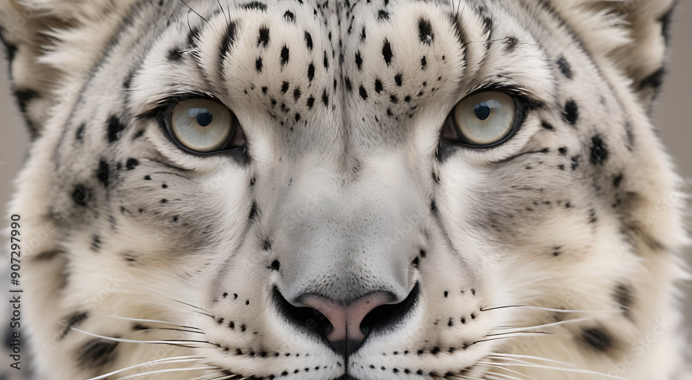 Naklejka premium Close-up portrait of a snow leopard’s face, capturing the intricate details of its fur and piercing eyes against a neutral background with ample copy space.