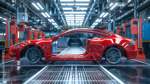 A red car body frame in automotive factory with automated production equipment