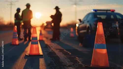 Roadside Checkpoint with Traffic Cones and Police Officers for Highway Patrol and Travel Safety photo