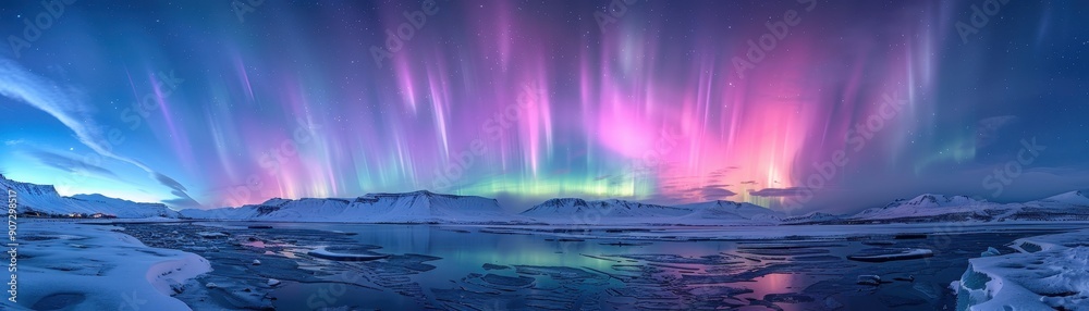A beautiful aurora borealis is seen in the sky above a frozen lake A beautiful aurora borealis is seen in the sky above a frozen lake