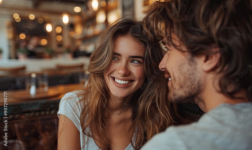 A happy couple is enjoying breakfast and drinking coffee at a bar cafeteria, sharing a date moment in the city center. A happy couple is enjoying breakfast and drinking coffee at a bar cafeteria, sharing a date moment in the city center.