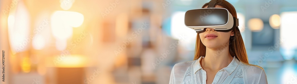 A woman experiences virtual reality with a headset, immersed in a digital world, showcasing technology and modern lifestyle. A woman experiences virtual reality with a headset, immersed in a digital world, showcasing technology and modern lifestyle.