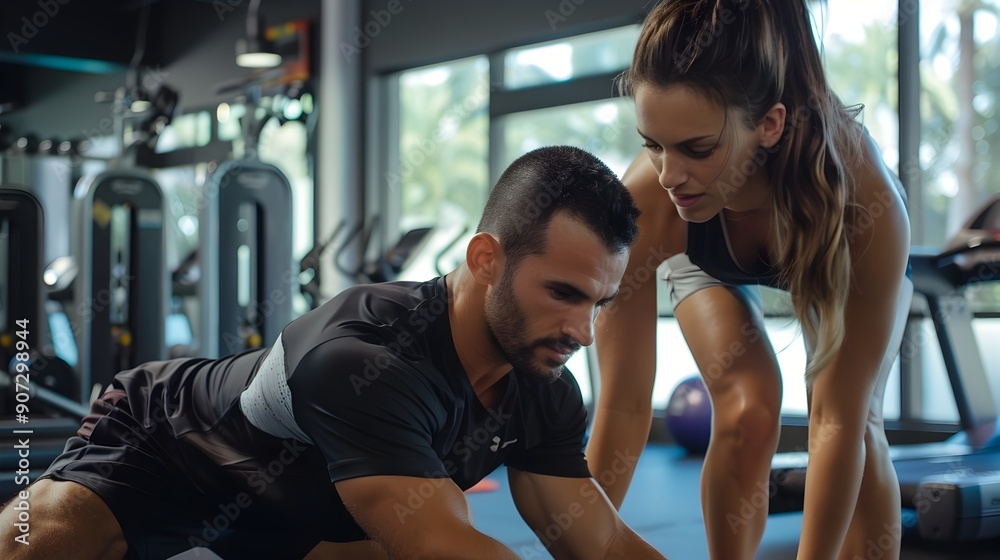 Personal Trainer Demonstrating Proper Fitness Techniques in Gym Session Personal Trainer Demonstrating Proper Fitness Techniques in Gym Session