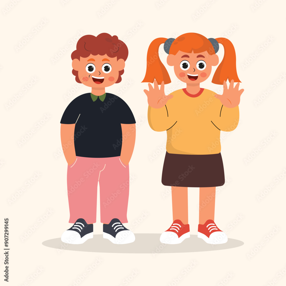 illustration of children raising their hands and putting their hands in their pockets, flat illustration character illustration of children raising their hands and putting their hands in their pockets, flat illustration character