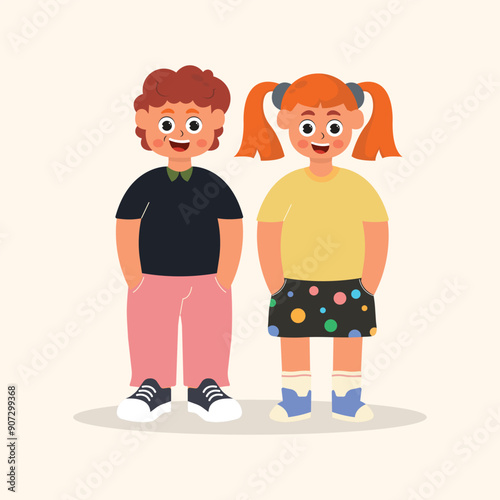 illustration of children raising their hands and putting their hands in their pockets, flat illustration character