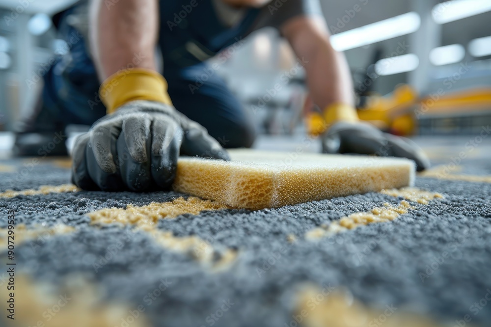 A man is kneeling on the floor and working on a piece of wood A man is kneeling on the floor and working on a piece of wood