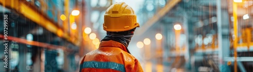 A worker in a bright safety helmet and jacket surveys an industrial site, highlighting safety and professionalism in construction.