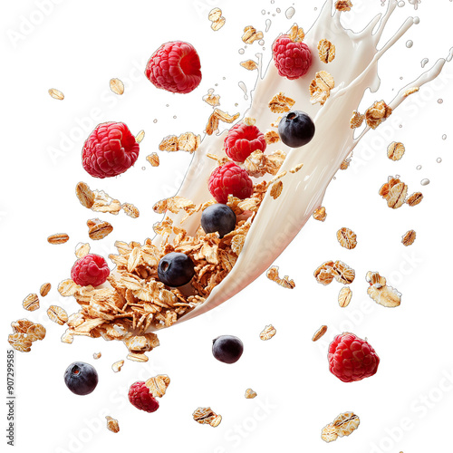granola with berries and dynamic oat milk splash