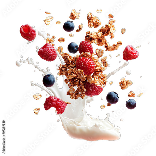 granola with berries and dynamic oat milk splash