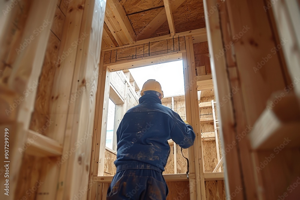 A man in a blue jacket is working on a house A man in a blue jacket is working on a house