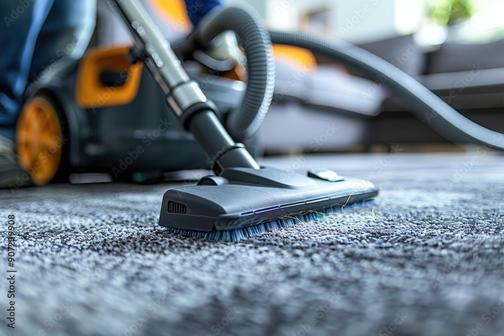 A person is vacuuming a carpeted floor