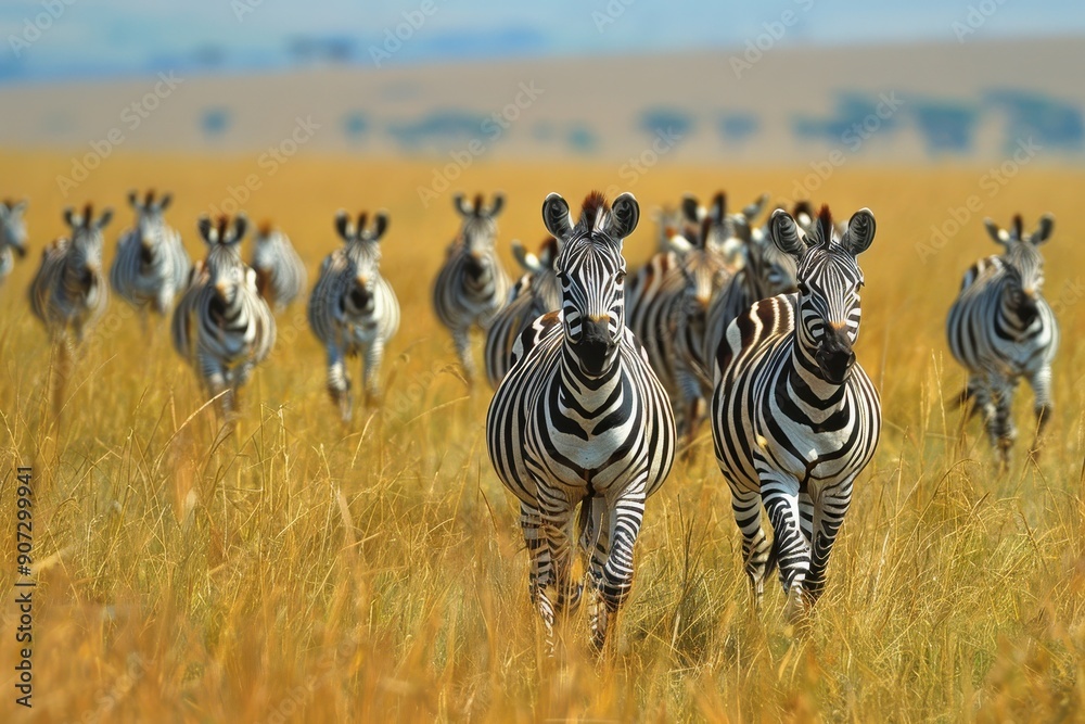 Fototapeta premium A herd of zebras are running through a field of tall grass