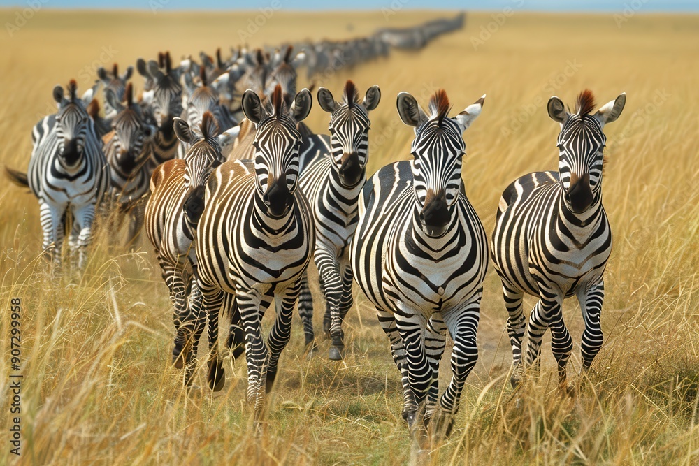 Fototapeta premium A herd of zebras are walking across a field